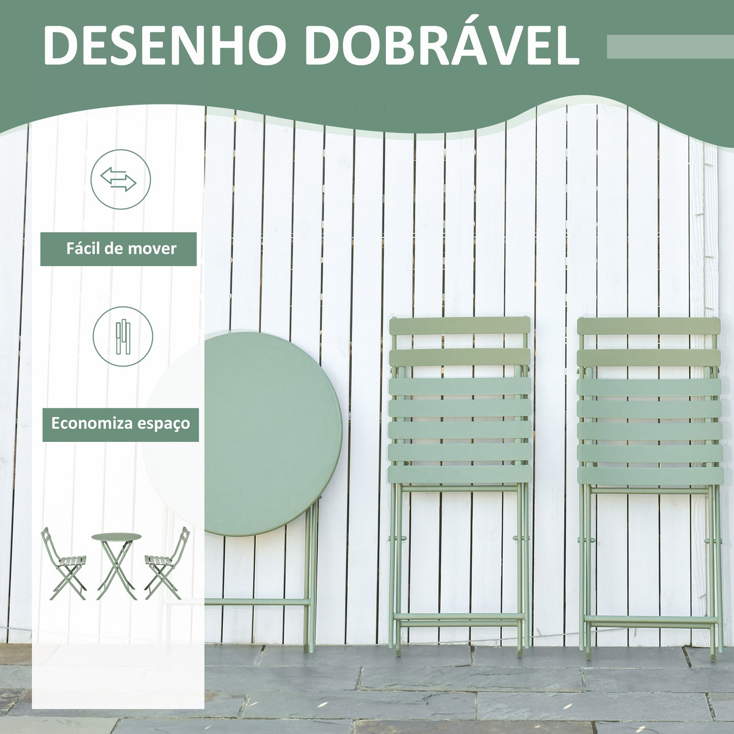 Outsunny Conjunto de Móveis de Jardim Dobráveis Conjunto de 1 Mesa Redonda e 2 Cadeiras de Varanda com Estrutura de Aço para Pátio Verde Escuro