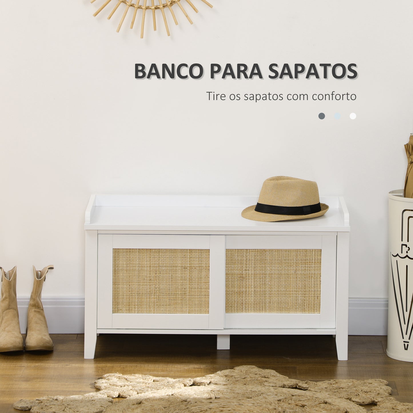 HOMCOM Banco Sapateira Móvel Sapateira com Banco 2 Portas de Vime Estilo Boémio Carga Máxima 130 kg para Corredor Entrada 80x35x45 cm Branco e Bege