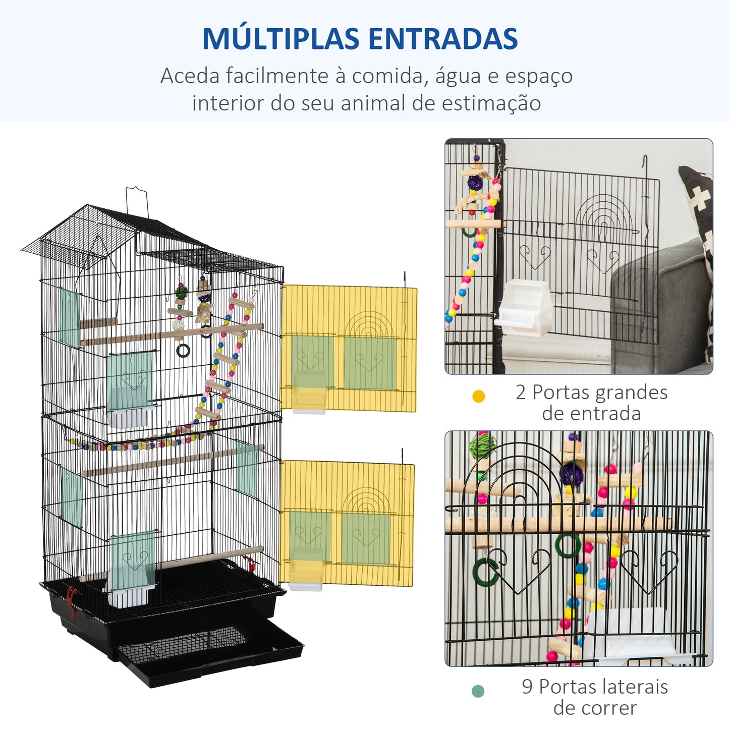 PawHut Gaiola para Passáros Gaiola de Metal com Múltiplas Portas 4 Comedouros 3 Poleiros Baloiço Escadas e Bandeja Removível para Periquitos Canários 46x36x100cm Preto