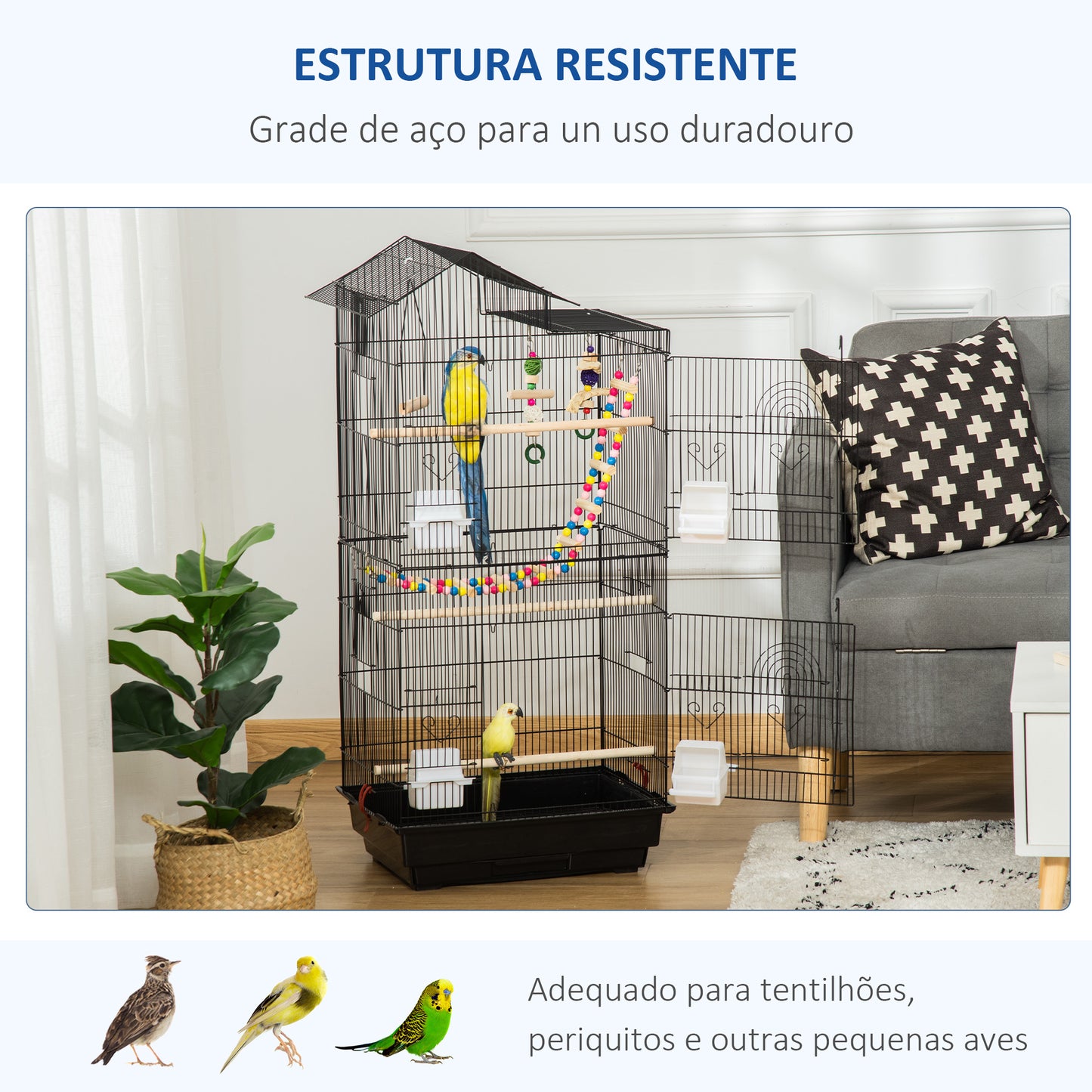 PawHut Gaiola para Passáros Gaiola de Metal com Múltiplas Portas 4 Comedouros 3 Poleiros Baloiço Escadas e Bandeja Removível para Periquitos Canários 46x36x100cm Preto