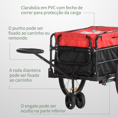 HOMCOM Reboque de Bicicleta para Carga 40kg Carrinho de Transporte com Bandeira Guiador Desmontável Estrutura de Aço e Refletores 130x64x103cm Preto e Vermelho