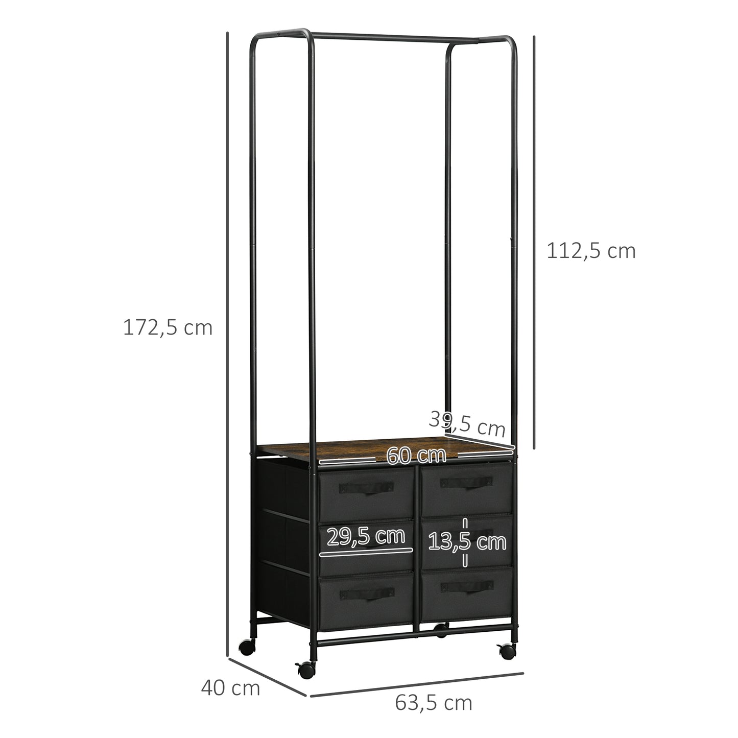 HOMCOM Cabideiro para Roupa com Rodas Cabideiro para Entrada com 6 Gavetas de Tecido Barra para Pendurar para Corredor Quarto Sala de Estar 63,5x40x172,5 cm Castanho Rústico