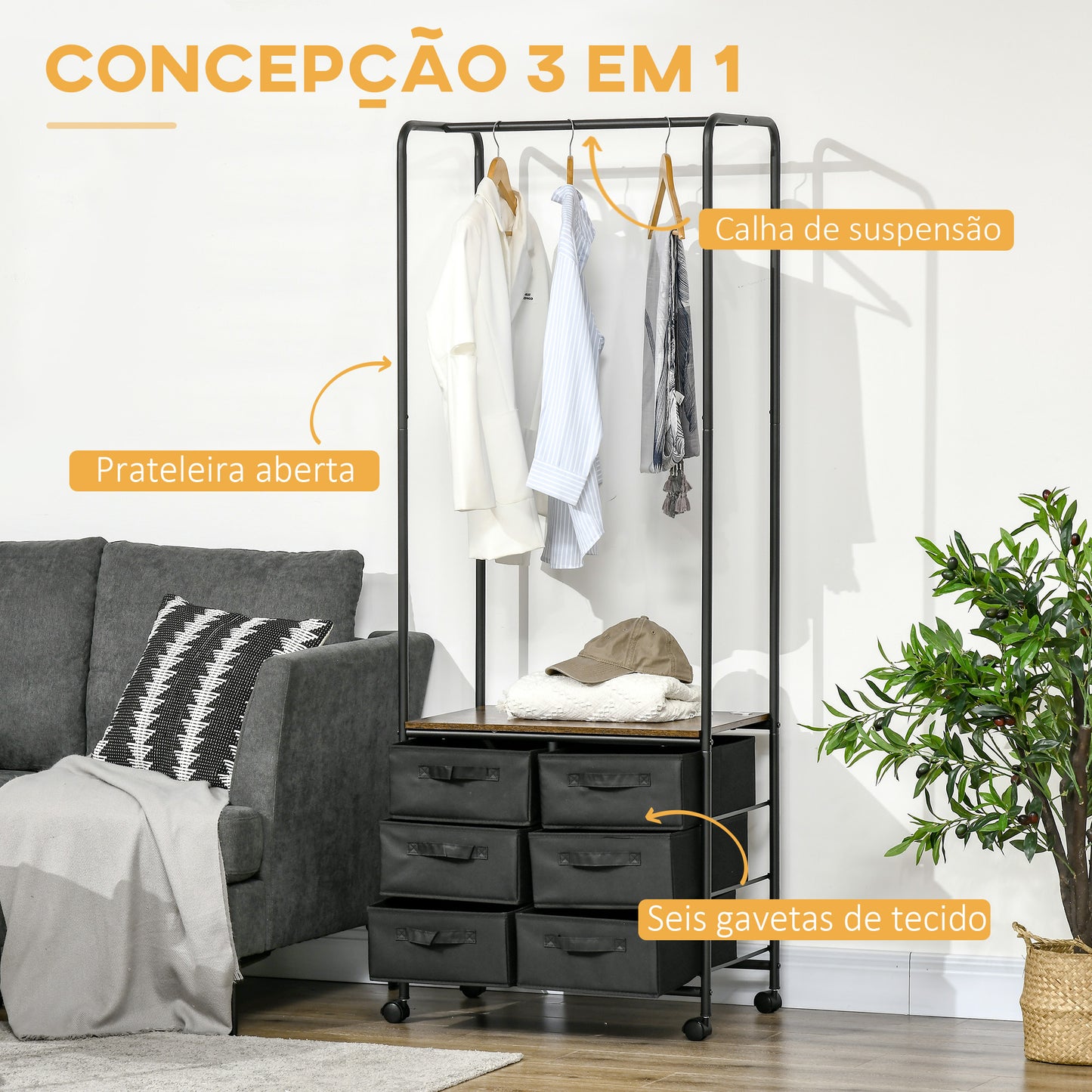 HOMCOM Cabideiro para Roupa com Rodas Cabideiro para Entrada com 6 Gavetas de Tecido Barra para Pendurar para Corredor Quarto Sala de Estar 63,5x40x172,5 cm Castanho Rústico