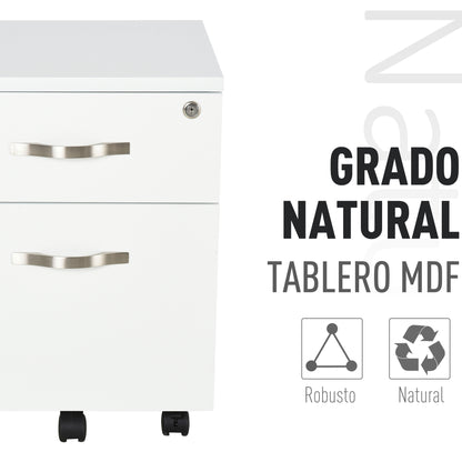 HOMCOM Bloco de Gavetas para Escritório Móvel de Arquivos com 2 Gavetas 5 Rodas com 3 Travões e Fechadura para Escritório Secretária Casa 40x45.5x52.5 cm Branco