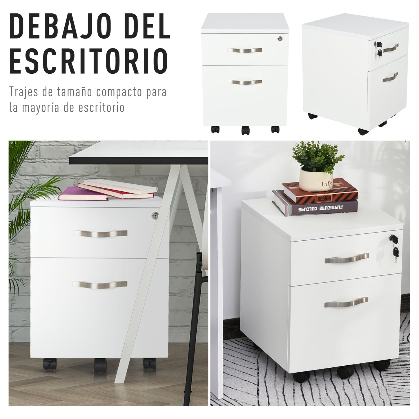 HOMCOM Bloco de Gavetas para Escritório Móvel de Arquivos com 2 Gavetas 5 Rodas com 3 Travões e Fechadura para Escritório Secretária Casa 40x45.5x52.5 cm Branco