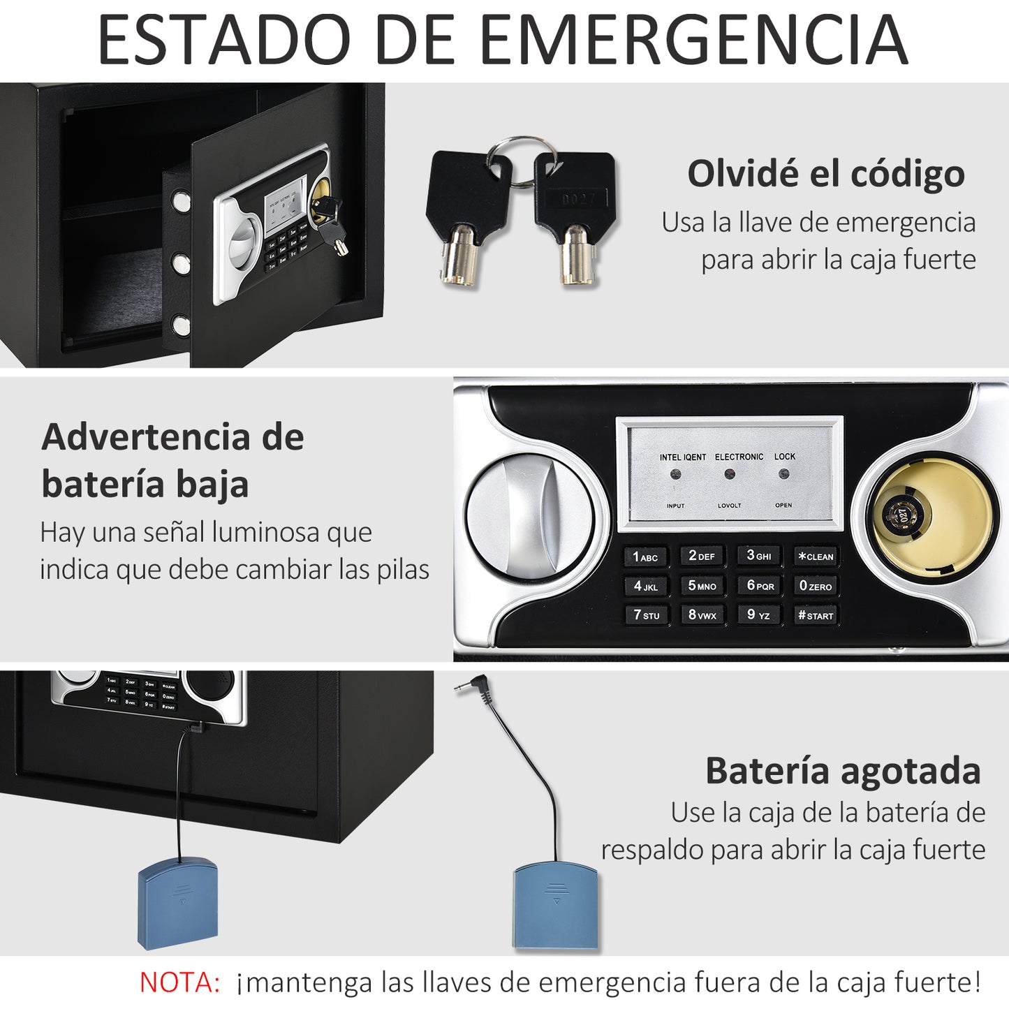 HOMCOM Cofre eletrônico sólido Caixa de segurança com chave 2 Códigos para casa Escritório Capacidade 27L Aço 38x30x30 cm Preto