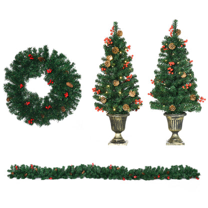 HOMCOM Conjunto de Decoração de Natal 4 Peças Decoração de Natal com 2 Árvores de Natal Coroa e Grinalda com Luzes LED Branca e Bagas Vermelhas 40x40x90cm Verde