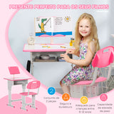 Conjunto de Secretária e Cadeira para Crianças de 6-12 Anos Secretária Infantil com Altura Ajustável 1 Gaveta 1 Suporte para Lápis e 1 Prateleira para Livros 60x45x90-120 cm Rosa