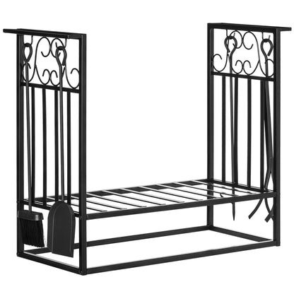 HOMCOM Suporte para Lenhas 75x30x60cm Porta Lenha com Desenho Vintage com 4 Ferramentas Base Elevada Carga Máxima 100kg Aço Preto