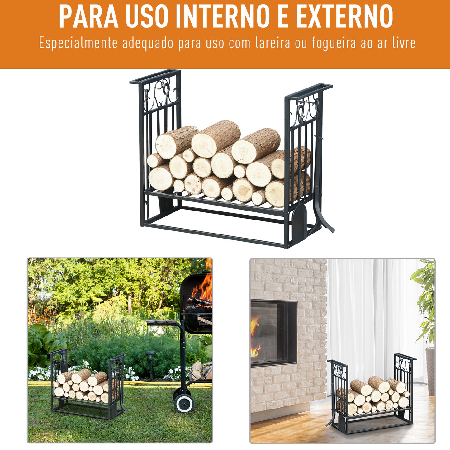 HOMCOM Suporte para Lenhas 75x30x60cm Porta Lenha com Desenho Vintage com 4 Ferramentas Base Elevada Carga Máxima 100kg Aço Preto