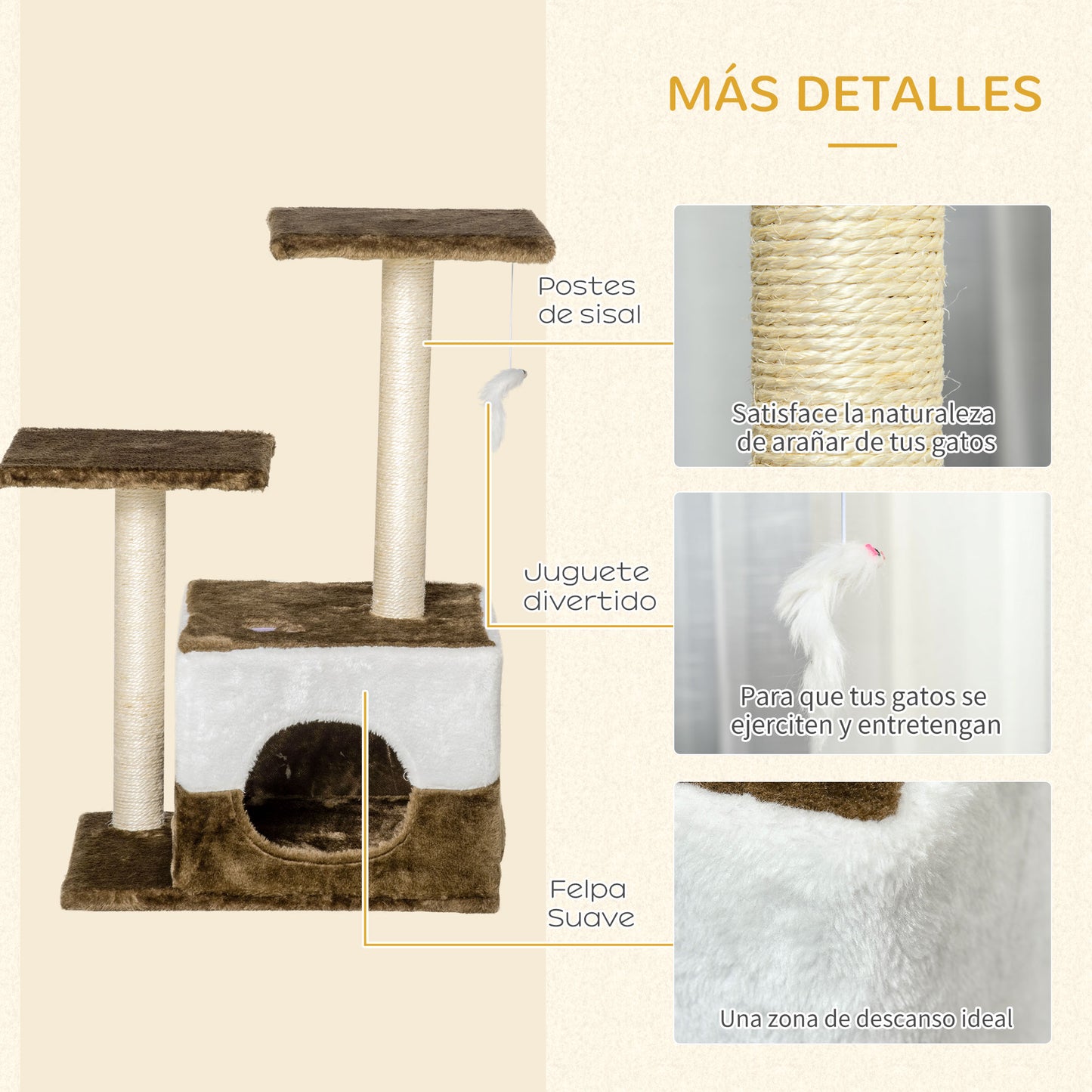 PawHut Árvore Arranhadora para Gatos Altura 70cm com Caverna de Pelúcia Suave 2 Plataformas Postes Arranhadores de Sisal Natural e Brinquedo Suspenso 45x33x70cm Marrom