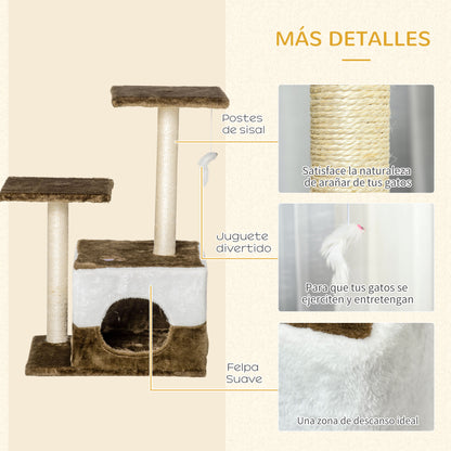 PawHut Árvore Arranhadora para Gatos Altura 70cm com Caverna de Pelúcia Suave 2 Plataformas Postes Arranhadores de Sisal Natural e Brinquedo Suspenso 45x33x70cm Marrom