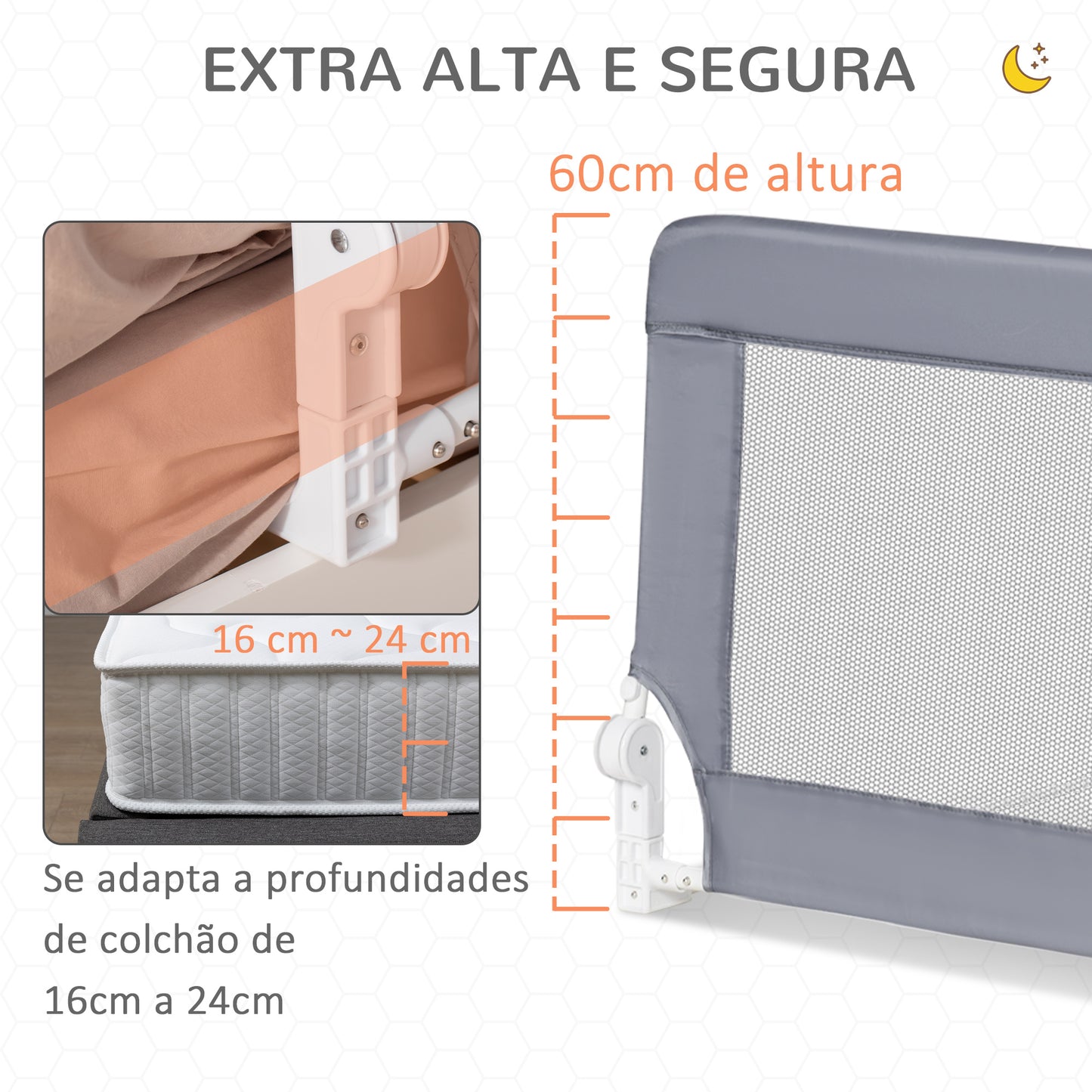 HOMCOM Barreira de Segurança de Cama para Crianças 120cm com Corda Ajustável Barreira para Camas com Tecido Removível e Lavável Proteção Antiquedas 120x28x60cm Cinza