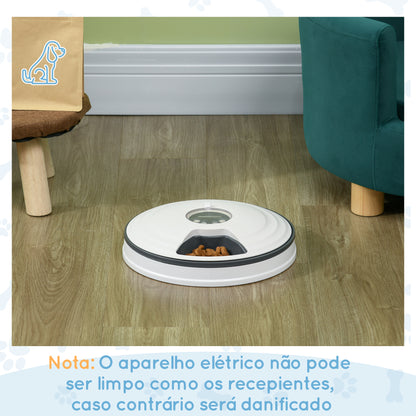 HOMCOM Comedouro Automático para Cães e Gatos Comedouro Automático para Animais de Estimação com Temporizador Ecrã LED Digital 6 Tigelas 128 ml e 4 Comidas Diárias Ø30,5x7,2 cm Branco