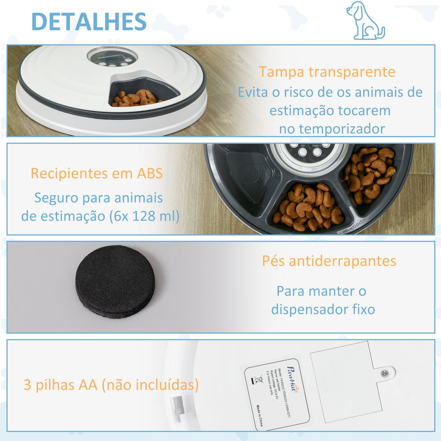 HOMCOM Comedouro Automático para Cães e Gatos Comedouro Automático para Animais de Estimação com Temporizador Ecrã LED Digital 6 Tigelas 128 ml e 4 Comidas Diárias Ø30,5x7,2 cm Branco