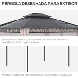 Outsunny Pérgola de Jardim 3,6x3m Pérgola de Exterior com Teto Duplo de Policarbonato 4 Cortinas Laterais Mosquiteiras com Zíper e Estrutura de Alumínio para Pátio Festas Preto Cinza e Cáqui