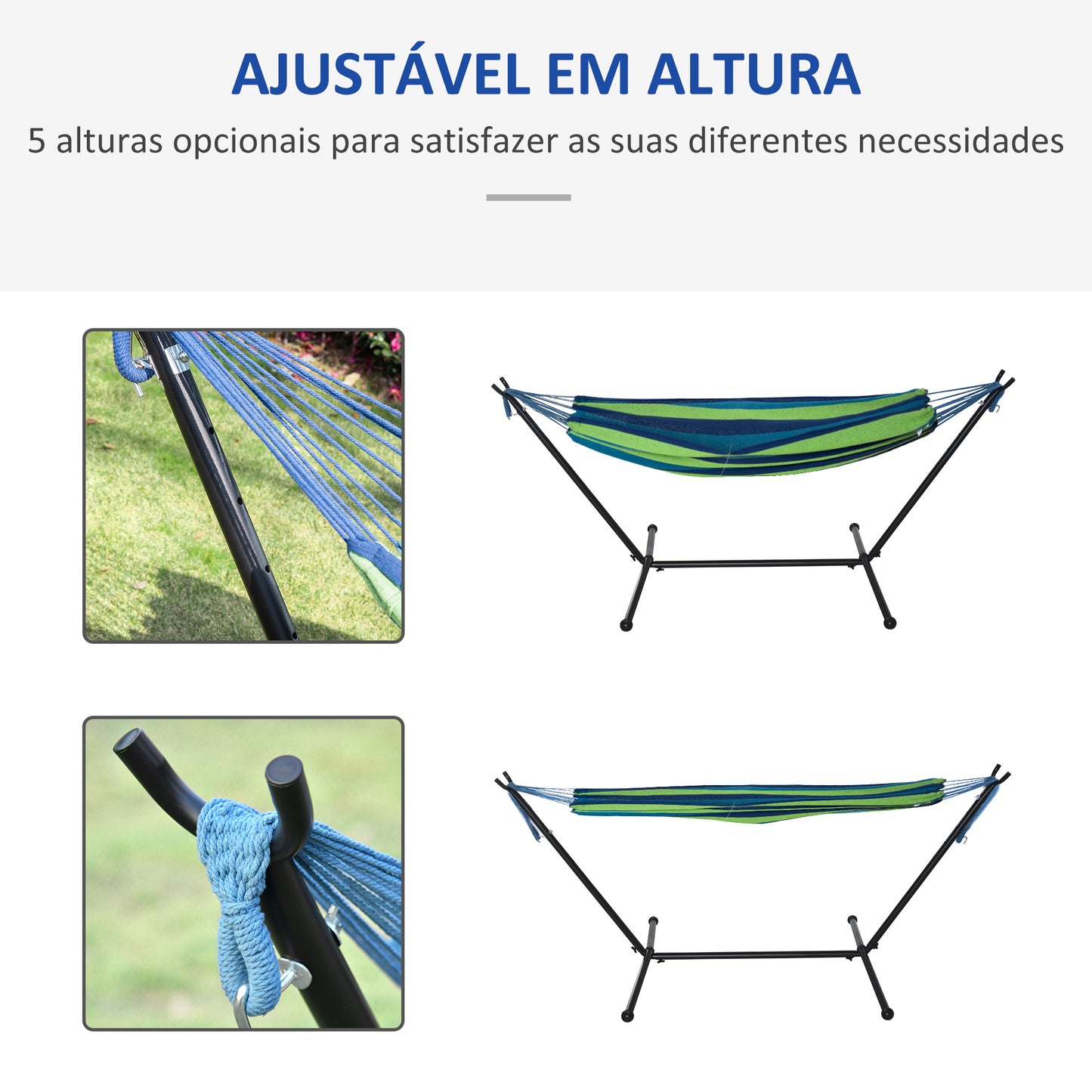 Outsunny Cama Rede com Suporte 298x117 cm Cama Rede de Campismo com Bolsa de Transporte Portátil Altura Ajustável Capacidade 120 kg para Pátio Varanda Verde e Azul