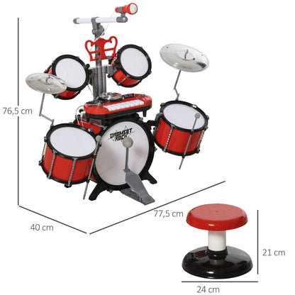 Kit de bateria infantil para crianças acima de 3 anos com tamborete microfone Pratos teclado e vários efeitos de DJ 77,5x40x76,5 cm Vermelho