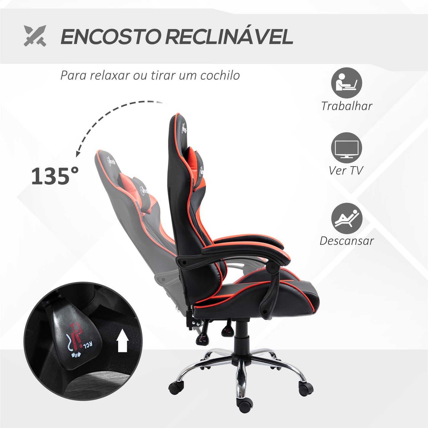 Vinsetto Cadeira Gaming Ergonômica Cadeira para Videojogos Reclinável com Altura Regulável Apoio para a Cabeça e Almofada Lombar 63x67x119-127cm Vermelho e Preto