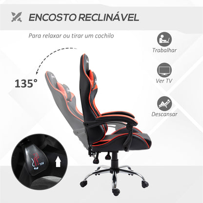 Vinsetto Cadeira Gaming Ergonômica Cadeira para Videojogos Reclinável com Altura Regulável Apoio para a Cabeça e Almofada Lombar 63x67x119-127cm Vermelho e Preto