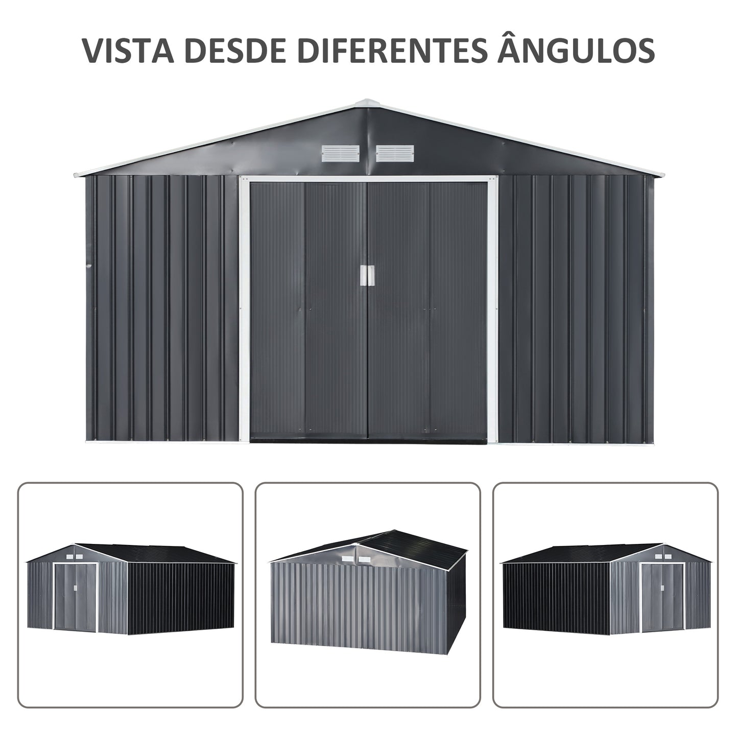 Outsunny Abrigo de Jardim Metálico 340x386x200cm Abrigo de Exterior para Armazenamento de Ferramentas com Base Incluida 4 Janelas de Ventilação e Porta Corredeira Cinza