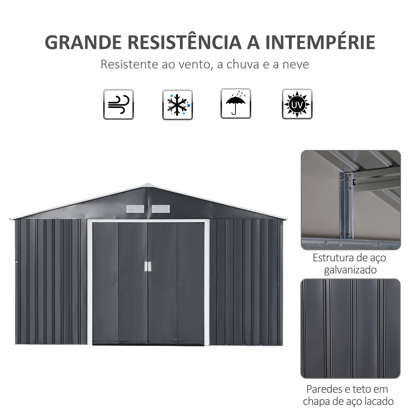 Outsunny Abrigo de Jardim Metálico 340x386x200cm Abrigo de Exterior para Armazenamento de Ferramentas com Base Incluida 4 Janelas de Ventilação e Porta Corredeira Cinza