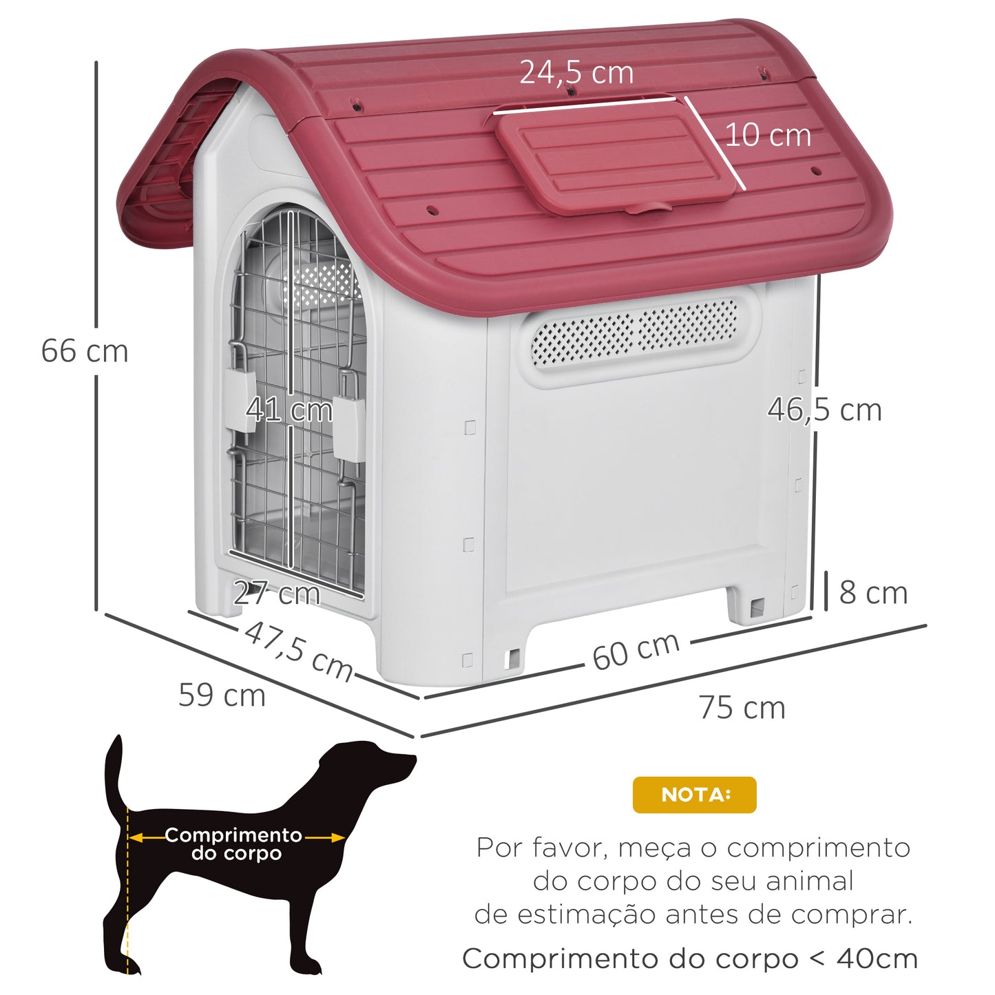 PawHut Casota para Cães com Porta Removível Base Elevada 3 Respiradouros e Janela Casota de Cães para Interior e Exterior 59x75x66cm Cinza e Vermelho