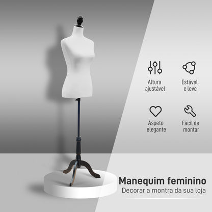 HOMCOM Manequim de Costura Feminino Manequim de Costura Ajustável a 130-168 cm com Tripé de Madeira para Fotografia de Moda Exposição de Roupas Branco