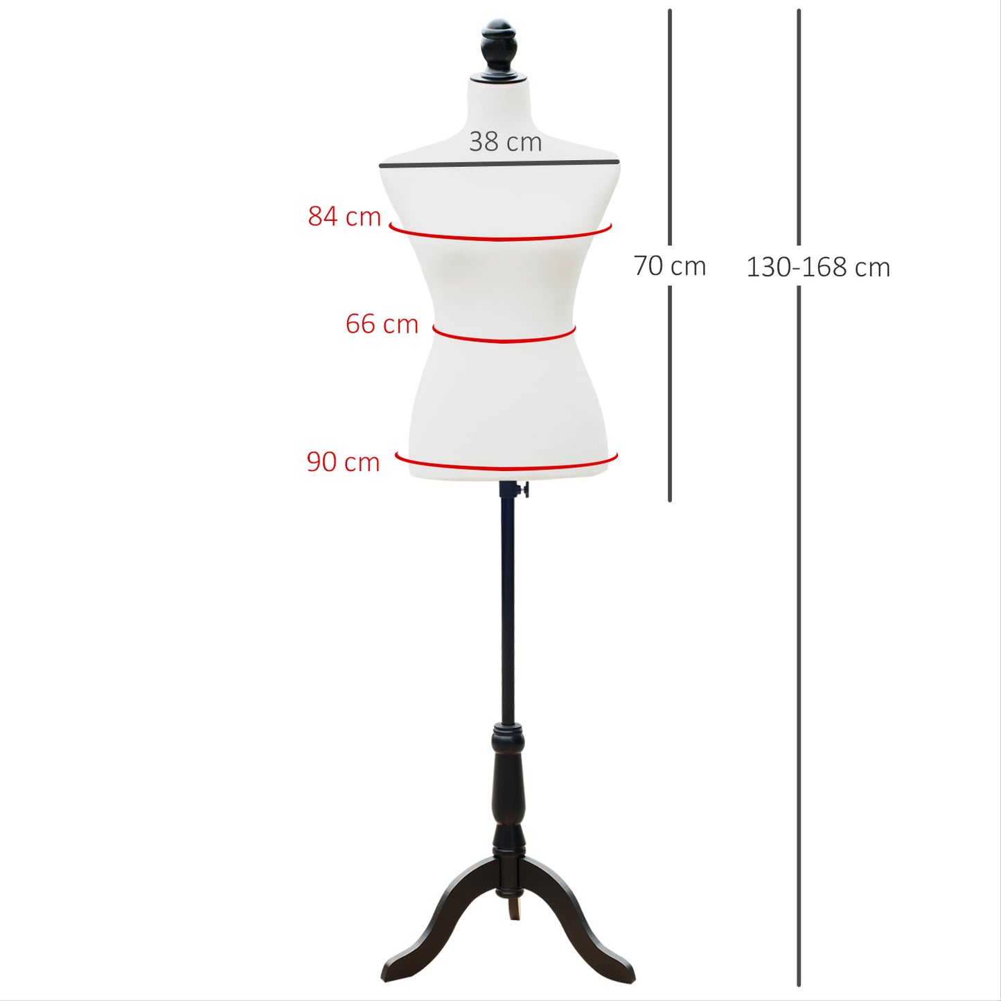 HOMCOM Manequim de Costura Feminino Manequim de Costura Ajustável a 130-168 cm com Tripé de Madeira para Fotografia de Moda Exposição de Roupas Branco