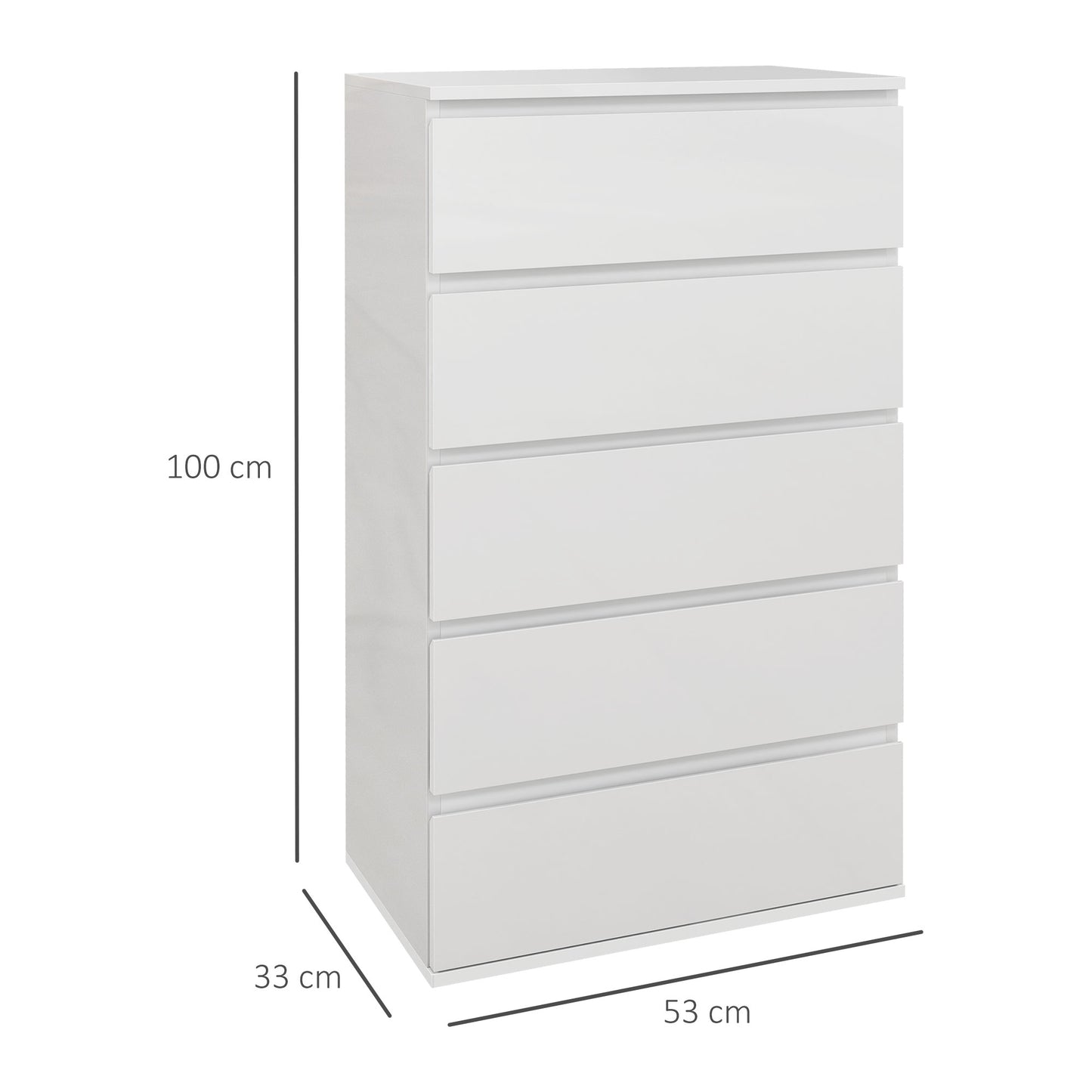 HOMCOM Cómoda com 5 Gavetas de Madeira Cómoda de Dormitório Cómoda Branca para Sala de Estar Estilo Moderno 53x33x100 cm Branco