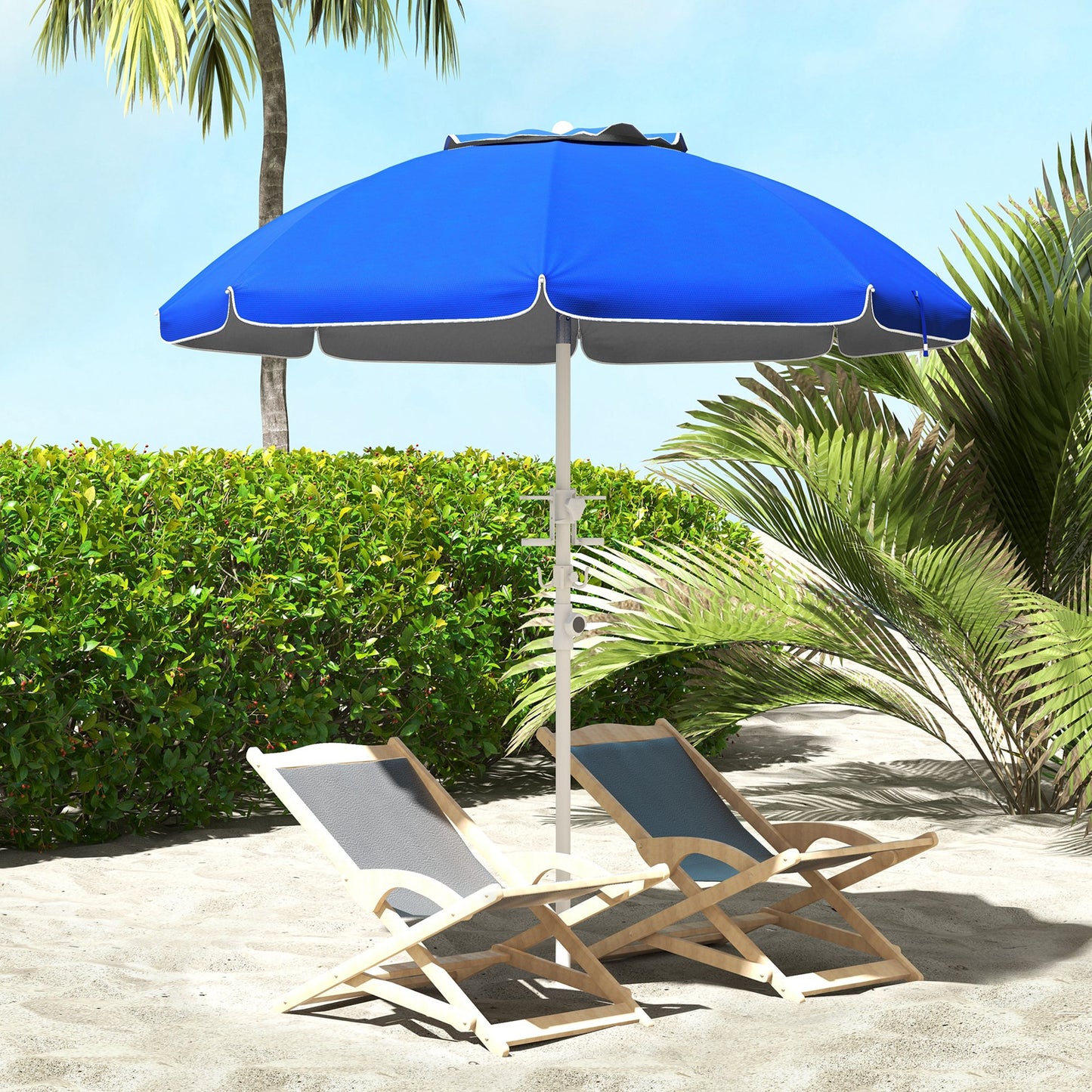 Outsunny Chapéu de Sol de Praia Ø175x205 cm Chapéu de Sol para Terraço com 2 Porta-copos 1 Gancho Abertura Manual Anti-UV Altura e Ângulo Ajustáveis para Jardim Piscina Azul