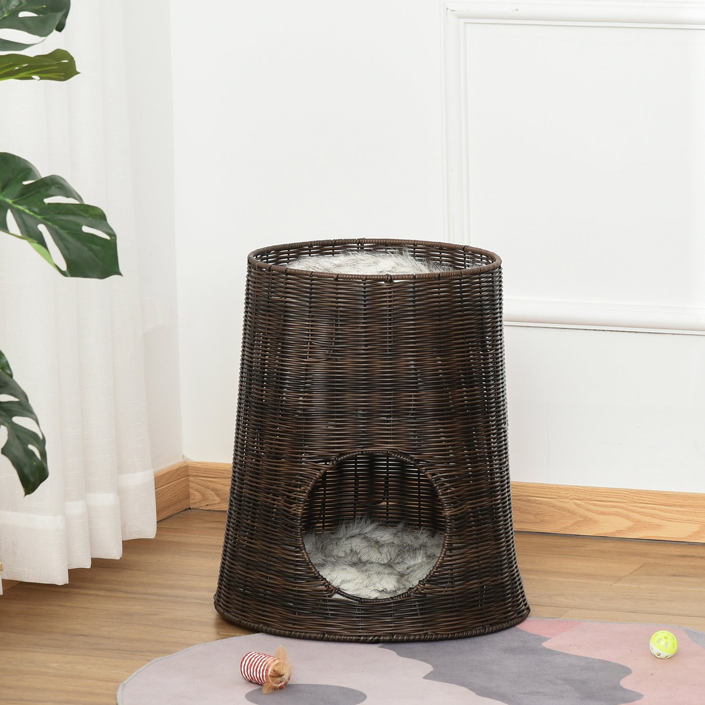 PawHut Cesta de Vime para Gatos Cama Caverna de 2 Níveis com Almofadas Laváveis Ø45x50cm Marrom