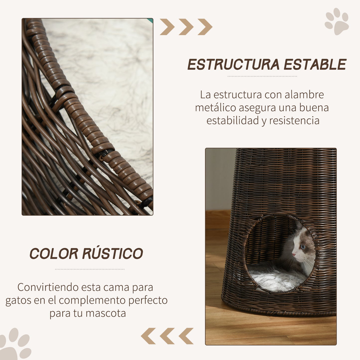 PawHut Cesta de Vime para Gatos Cama Caverna de 2 Níveis com Almofadas Laváveis Ø45x50cm Marrom