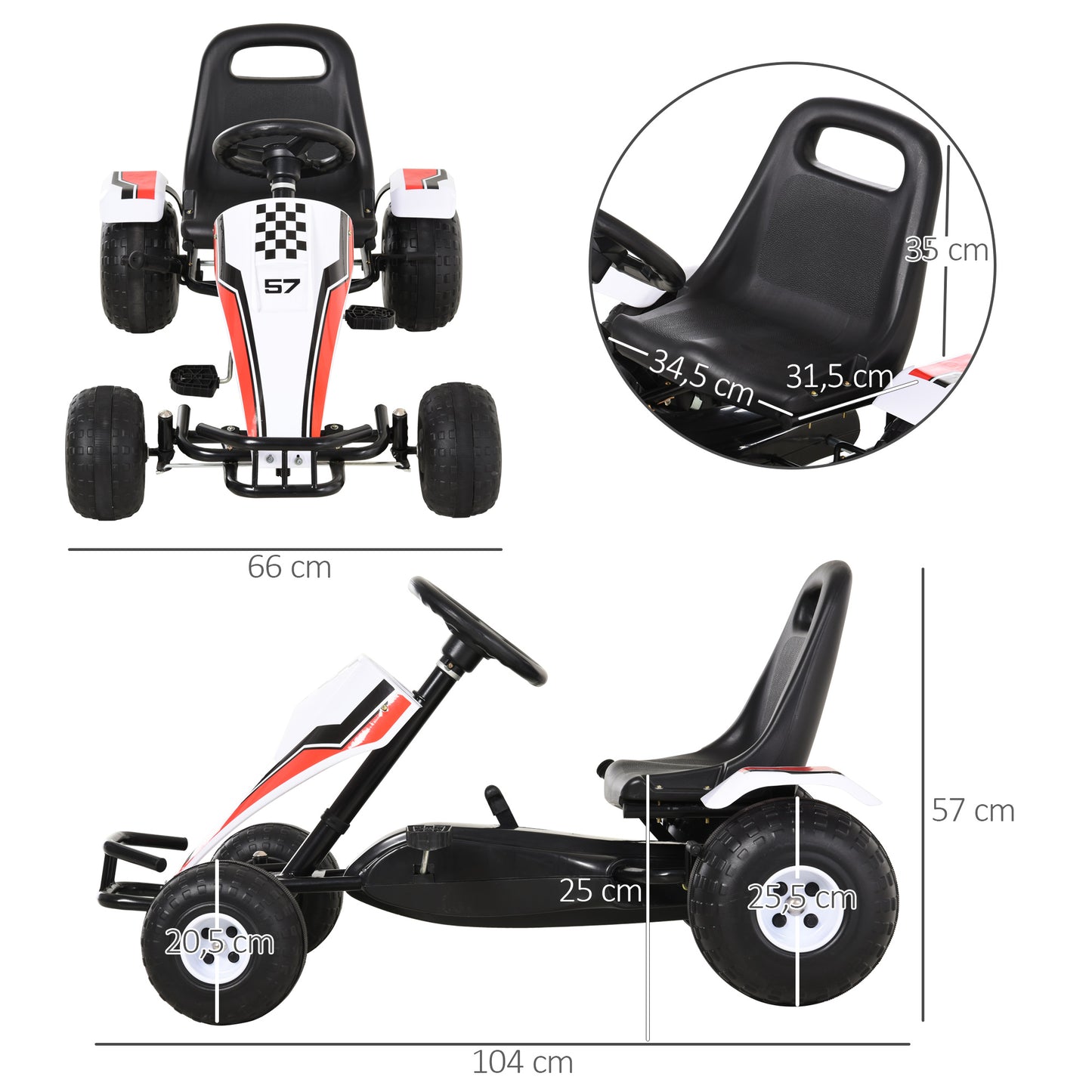 HOMCOM Go Kart a Pedais para Crianças acima de 3 Anos Carro de Pedais Infantil com Assento Ajustável e Freio de Mão 104x66x57cm Branco e Preto