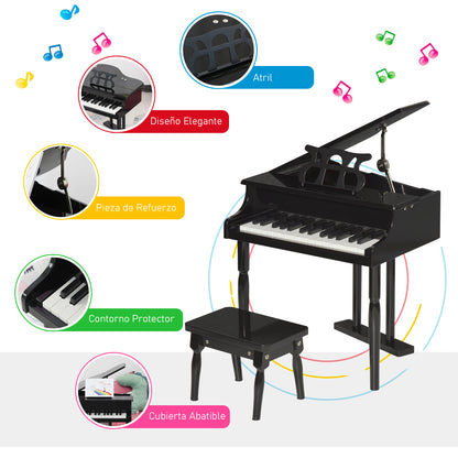 HOMCOM Piano de Cauda Infantil com 30 Teclas Banco Suporte de Partituras Piano para Crianças de MDF Instrumento Musical Educativo 52x50x49cm Preto