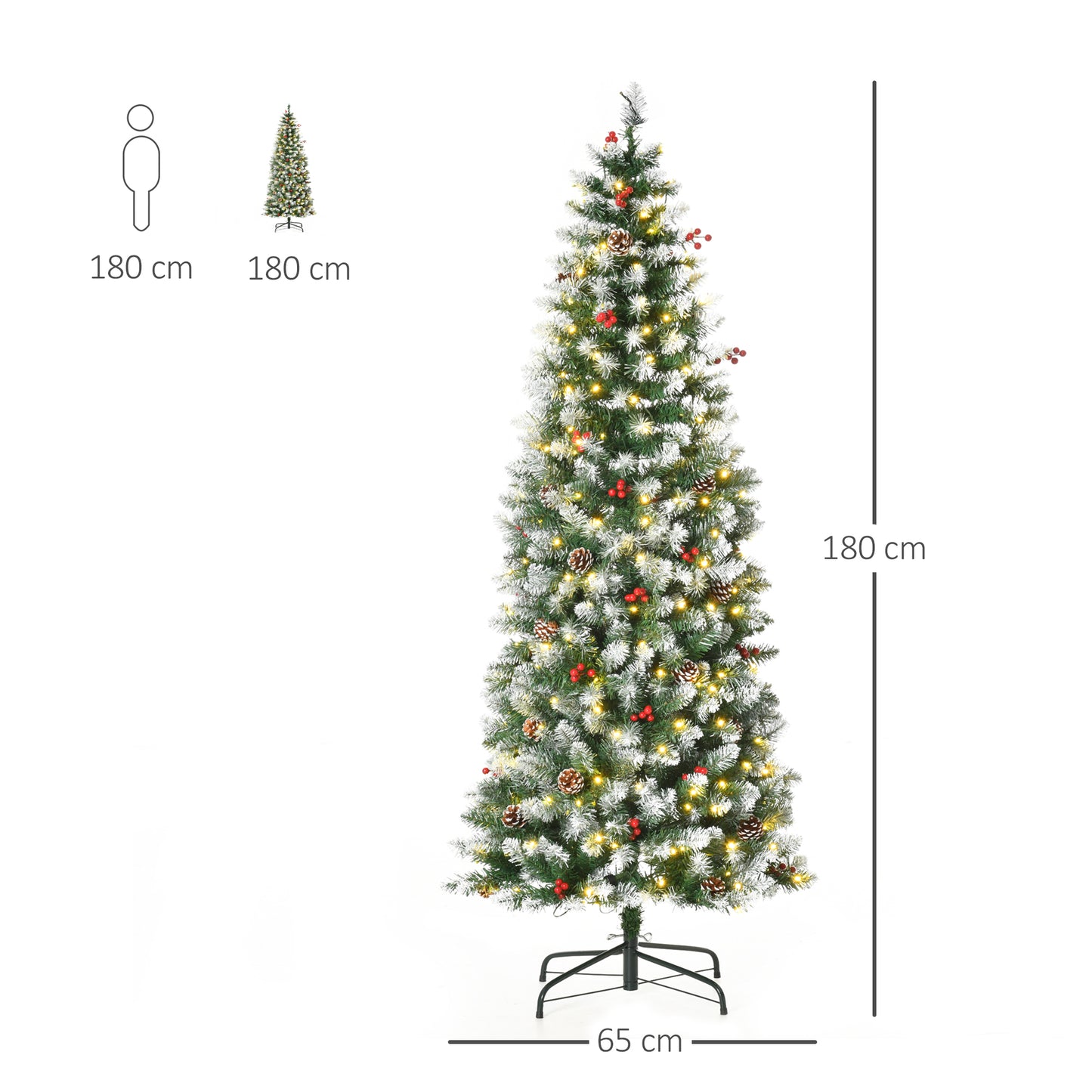 HOMCOM Árvore de Natal Nevada Artificial 180cm com 300 Luzes LED Branco Quente 618 Ramos Ignífugos de PVC Decorações Incluidadas e Base Dobrável Ø65x180cm Verde