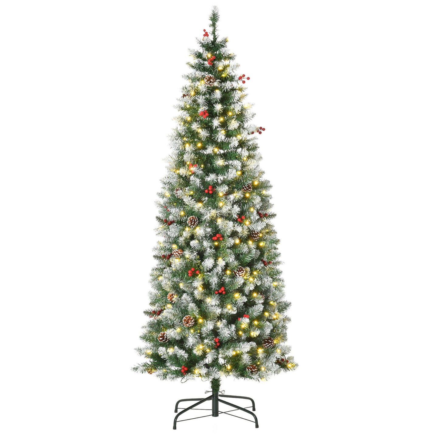 HOMCOM Árvore de Natal Nevada Artificial 180cm com 300 Luzes LED Branco Quente 618 Ramos Ignífugos de PVC Decorações Incluidadas e Base Dobrável Ø65x180cm Verde