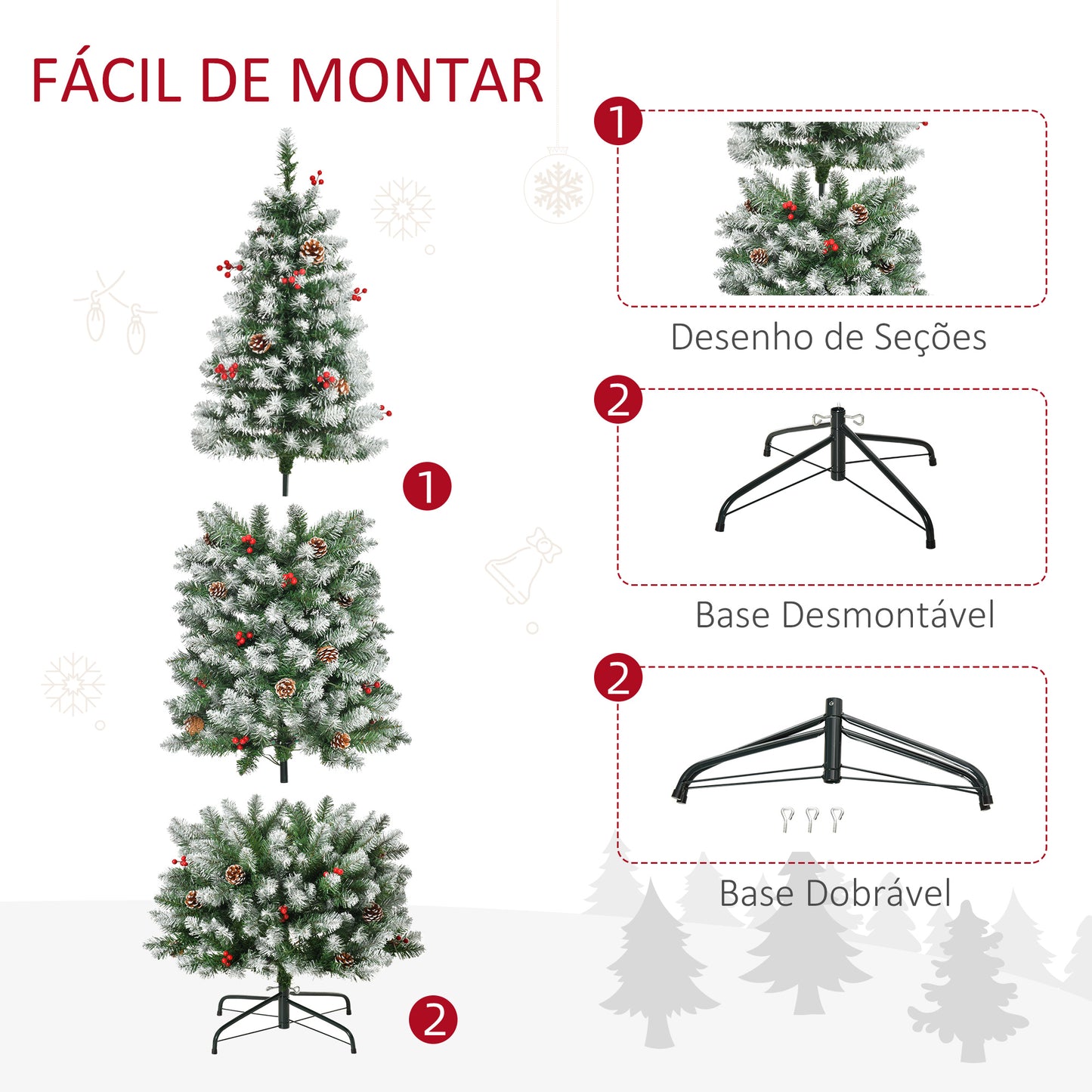 HOMCOM Árvore de Natal Nevada Artificial 180cm com 300 Luzes LED Branco Quente 618 Ramos Ignífugos de PVC Decorações Incluidadas e Base Dobrável Ø65x180cm Verde