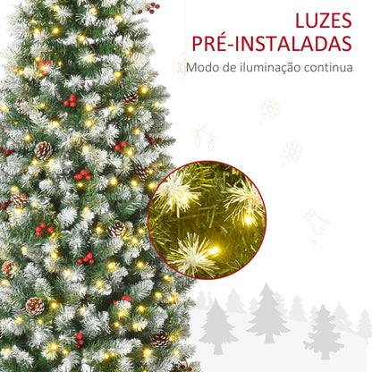 HOMCOM Árvore de Natal Nevada Artificial 180cm com 300 Luzes LED Branco Quente 618 Ramos Ignífugos de PVC Decorações Incluidadas e Base Dobrável Ø65x180cm Verde