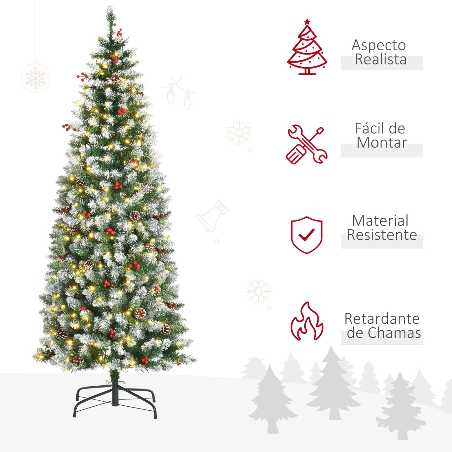 HOMCOM Árvore de Natal Nevada Artificial 180cm com 300 Luzes LED Branco Quente 618 Ramos Ignífugos de PVC Decorações Incluidadas e Base Dobrável Ø65x180cm Verde