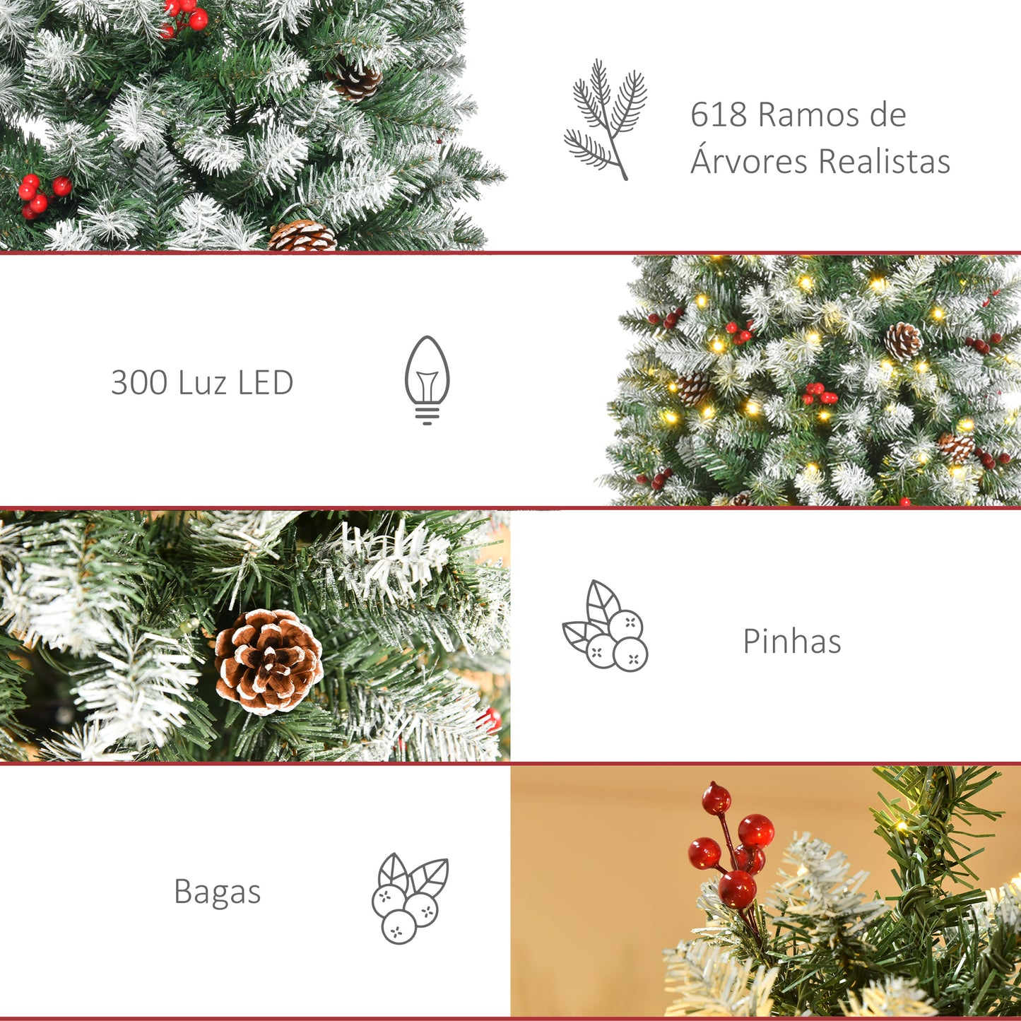 HOMCOM Árvore de Natal Nevada Artificial 180cm com 300 Luzes LED Branco Quente 618 Ramos Ignífugos de PVC Decorações Incluidadas e Base Dobrável Ø65x180cm Verde