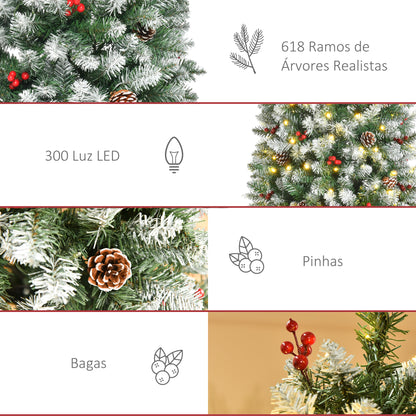 HOMCOM Árvore de Natal Nevada Artificial 180cm com 300 Luzes LED Branco Quente 618 Ramos Ignífugos de PVC Decorações Incluidadas e Base Dobrável Ø65x180cm Verde