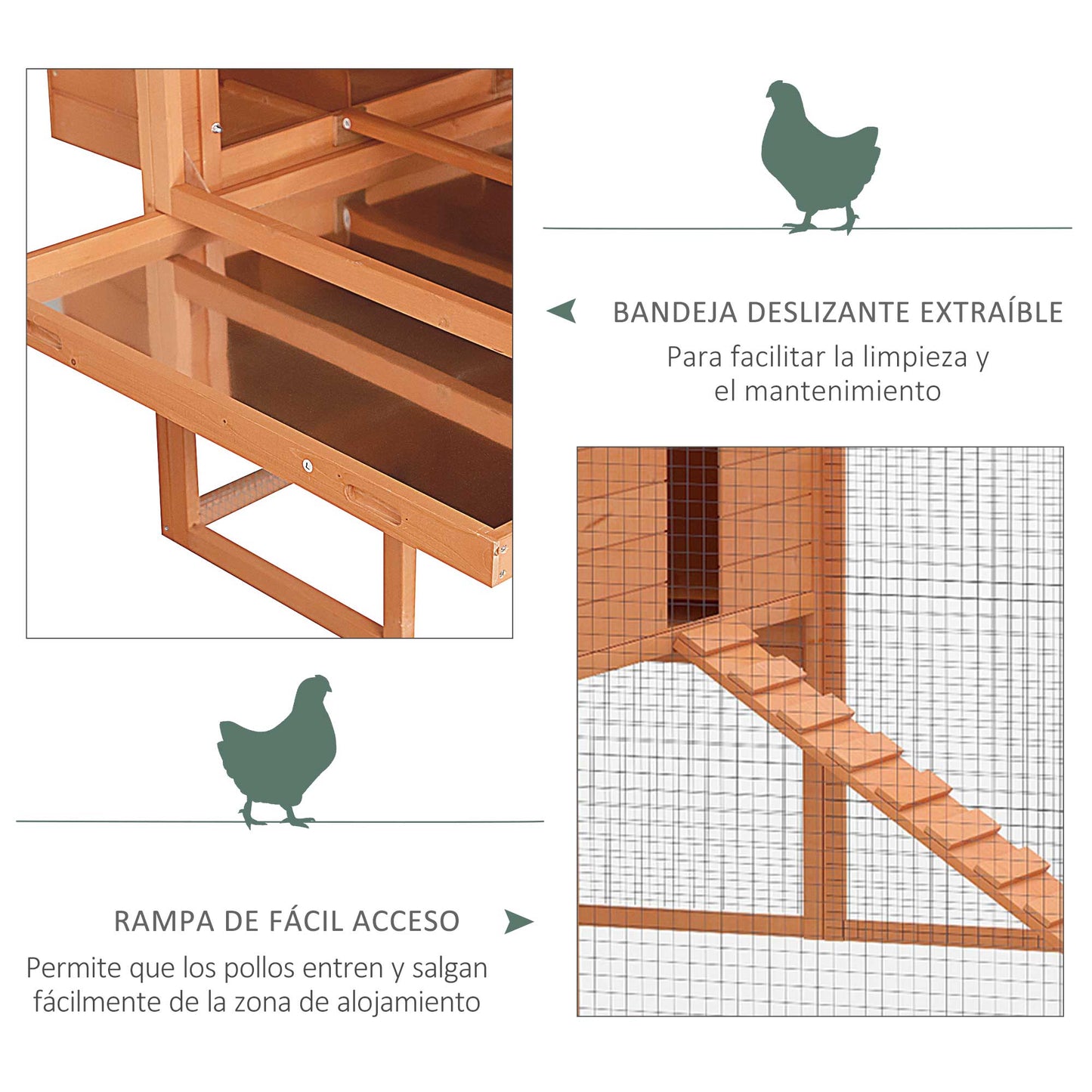 PawHut Galinheiro de Exterior Gaiola Grande para 8-10 Galinhas ou Frangos, com Recinto, Corredor, 2 Ninchos, Telhado Asfáltico, Bandeja Removível e Rampa, 347x160x150 cm, Cor Madeira.