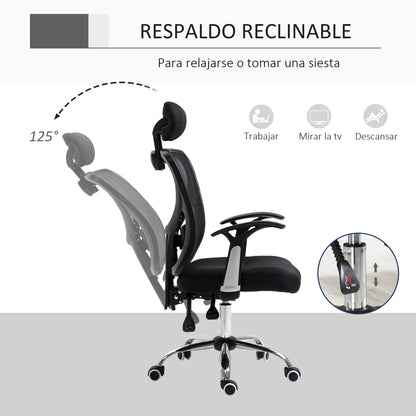 Vinsetto Cadeira de Escritório Ergonômica Cadeira de Escritório Giratória com Altura Ajustável Função Reclinável Apoio para a Cabeça e Suporte Lombar 65x67x108-118cm Preto