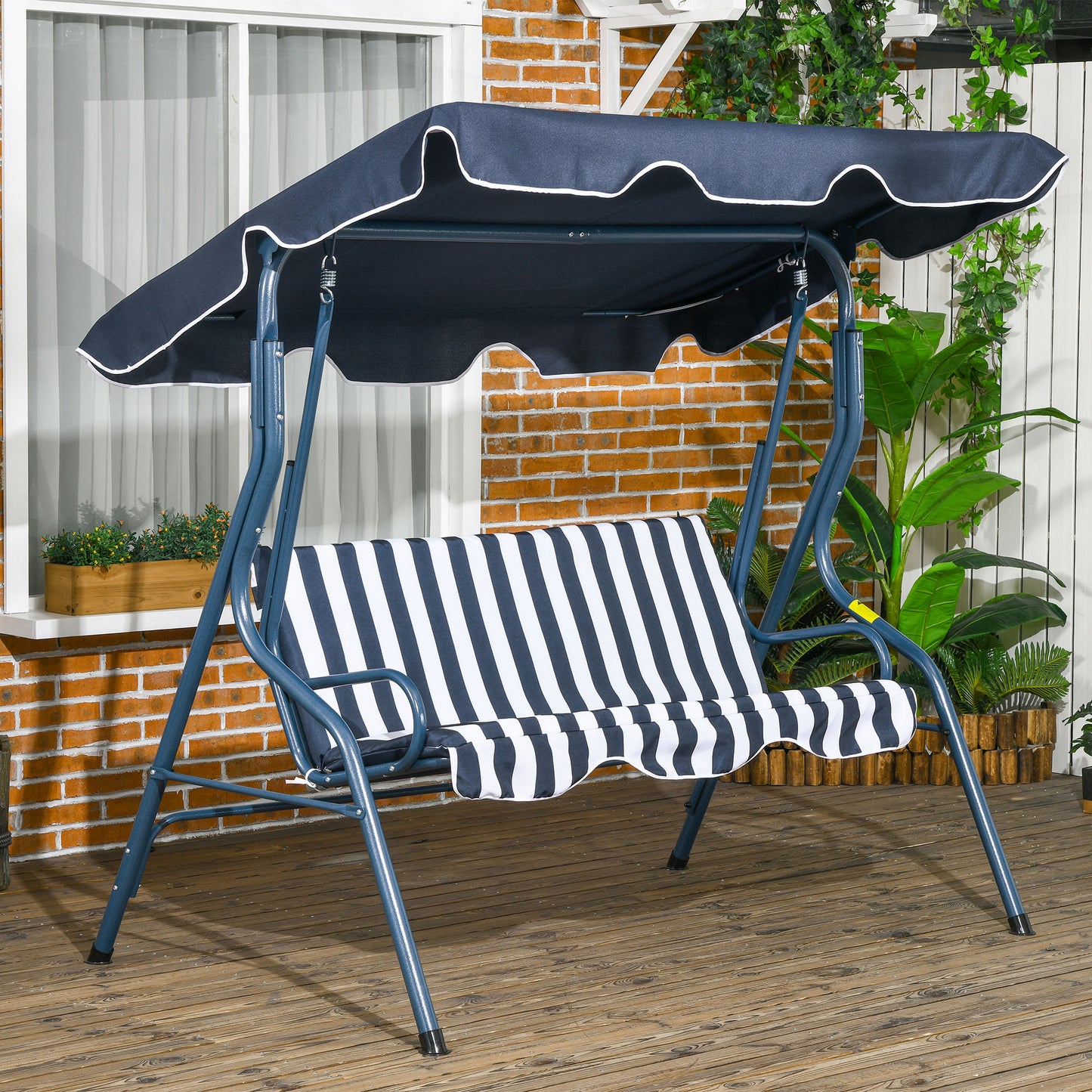 Outsunny Baloiço de Jardim de 2-3 Lugares com Estrutura de Metal Almofada Toldo Ajustável Balcão Terraço Patio Capacidade 240kg 170x110x153cm Azul e Branco