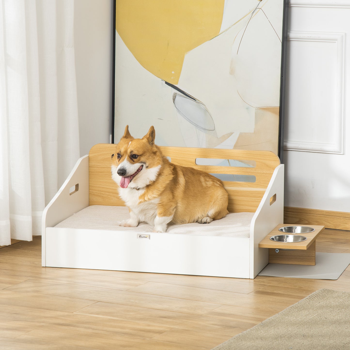 PawHut Cama de Madeira para Cães Gatos Sofá para Animais de Estimação Médios e Pequenos com Comedouro 2 Tigelas Almofada Acolchoada 100x56x39cm Natural e Branco