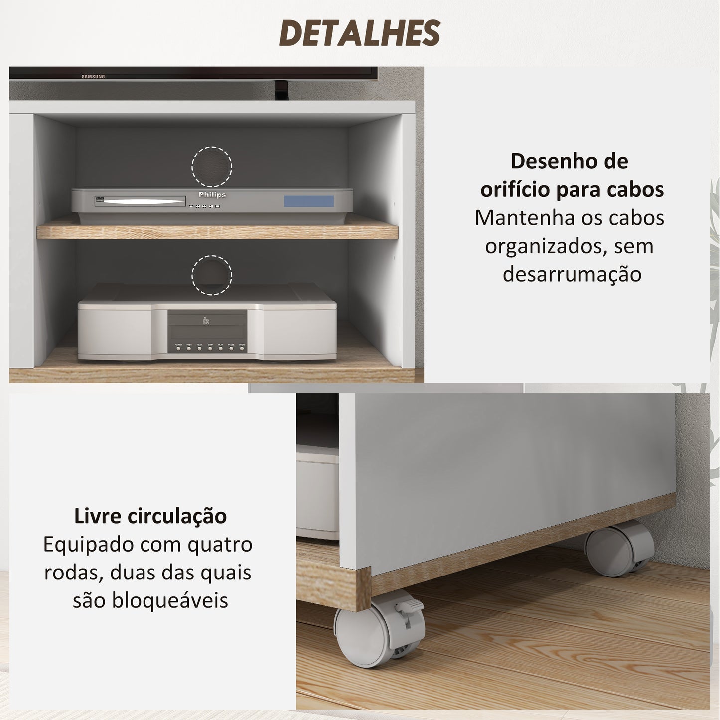 HOMCOM Móvel de TV Mesa de Sala de Estar Moderna de TV de 42 Polegadas com 4 Rodas com 1 Porta e 2 Prateleiras de Armazenamento 80x45x39,5 cm Branco