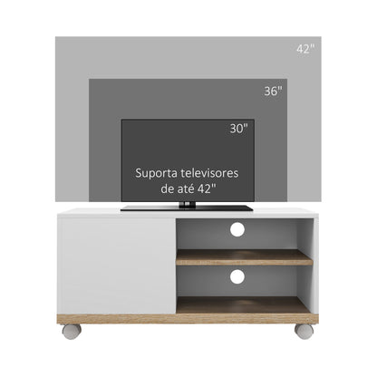 HOMCOM Móvel de TV Mesa de Sala de Estar Moderna de TV de 42 Polegadas com 4 Rodas com 1 Porta e 2 Prateleiras de Armazenamento 80x45x39,5 cm Branco