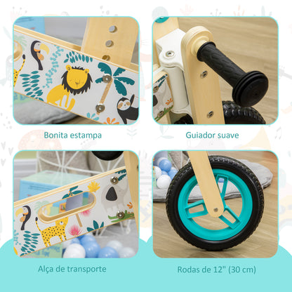 AIYAPLAY Bicicleta sem Pedais de Madeira para Crianças de 3-6 Anos com Assento Ajustável 34-40cm Bicicleta de Equilíbrio Infantil com Rodas de 12" Carga Máxima 30kg 87x37x50cm Turquesa