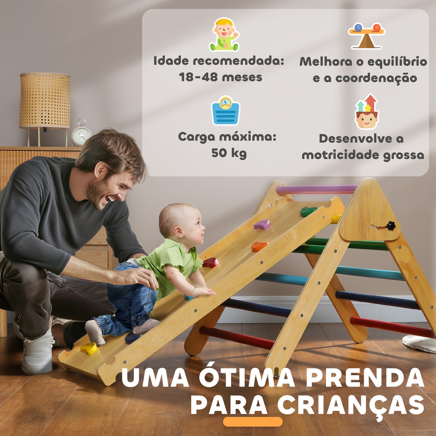 AIYAPLAY Triângulo de Escalada de Madeira 2 em 1 Escalada para Crianças de 18-48 Meses com Rampa para Deslizar ou Escalar 147x64,5x63 cm Multicor